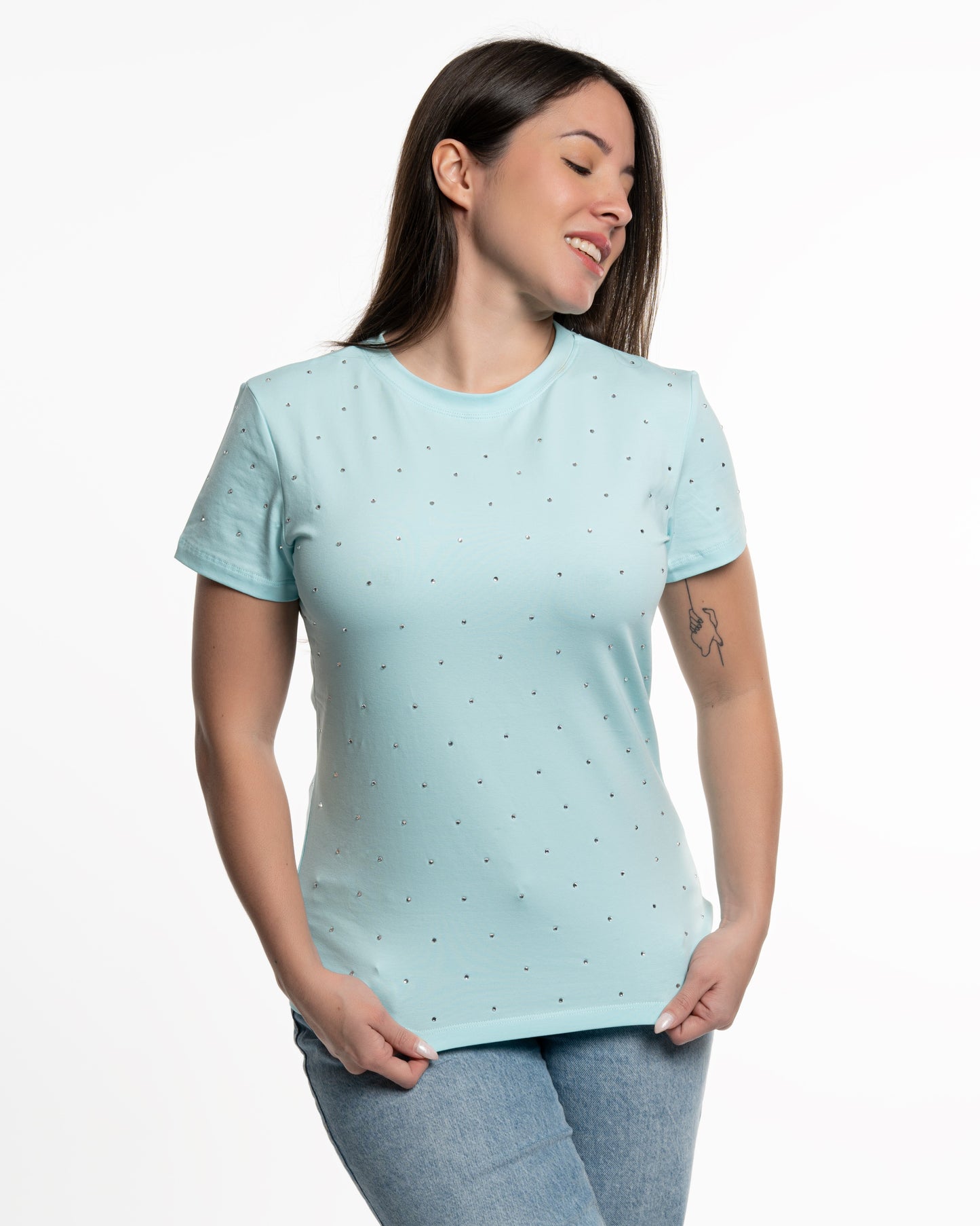 Short Sleeve T-Shirts for Women - Rhinestones Teal